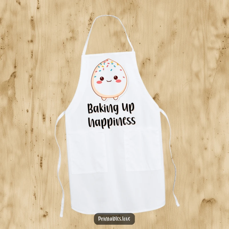 Funny cheerful mochi character, happily covered in sprinkles, on a functional and charming kitchen apron.
