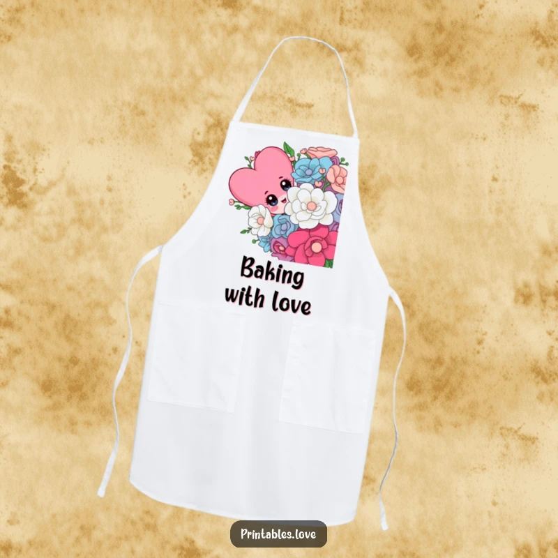 Funny apron featuring a cute heart character with curious eyes peeking playfully from a large bouquet, ideal for cooking.