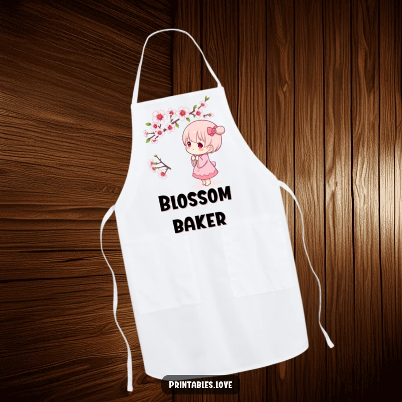 Funny Kawaii apron showing a cute character admiring a blooming cherry blossom branch, perfect for adding spring cheer to the kitchen.