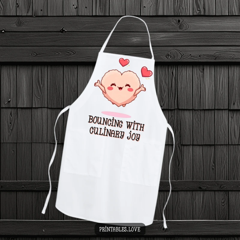 Funny apron featuring a small fluffy heart character bouncing with excitement, arms open, adding a joyful touch to cooking.