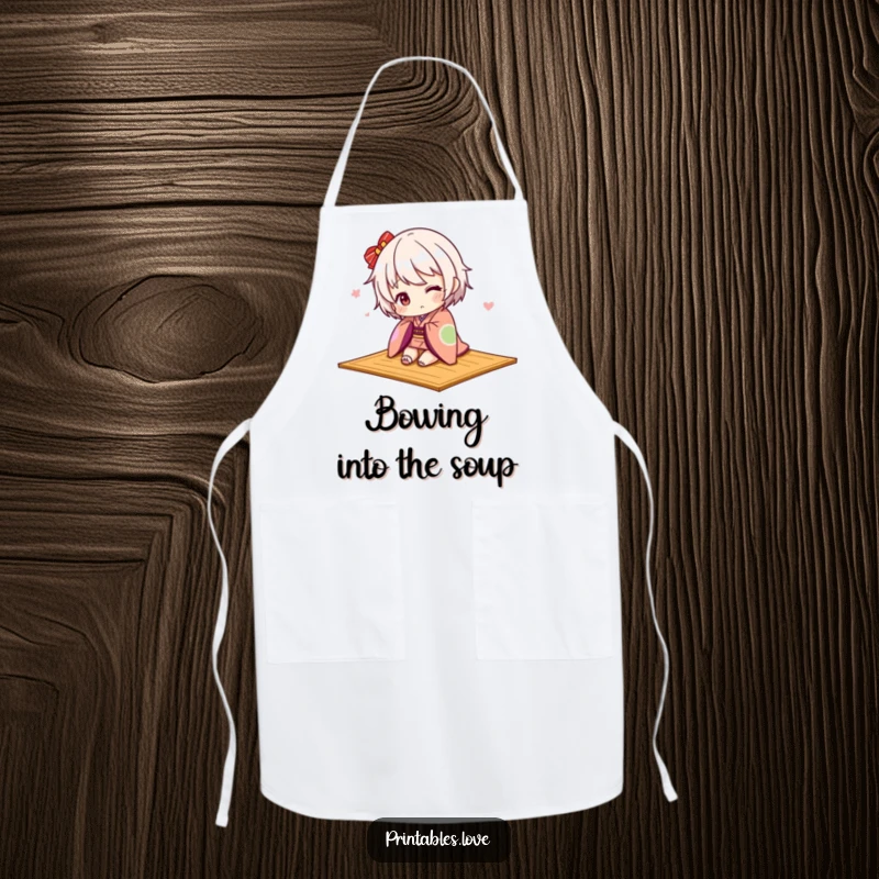 Funny Kawaii kimono apron, a cute character tripping over a mat in a kimono, kitchen humor.