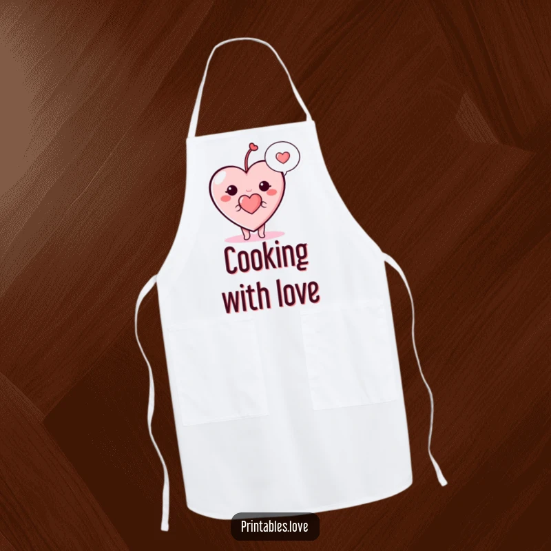 Funny heart apron, a cute cartoon heart character with a speech bubble holding a tiny heart, ideal for cooks.