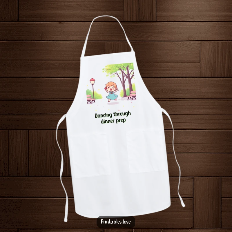 Funny Kawaii Dancing Character Apron: A humorous apron with a cute character dancing happily in a park scene, ready for kitchen duty.