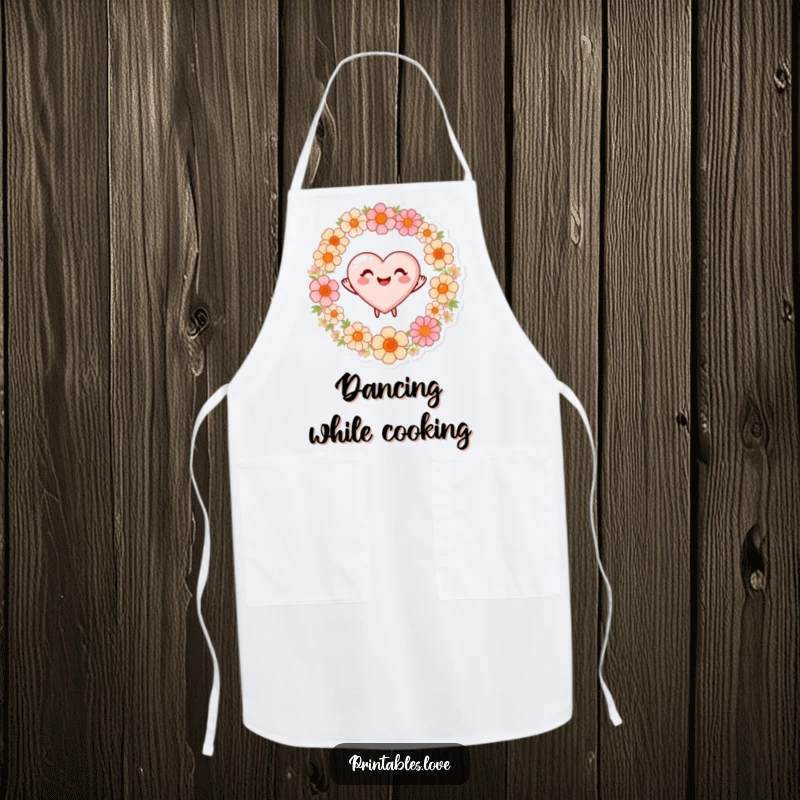 Funny apron with a heart character beaming with a smile, dancing joyfully around a ring of colorful flowers.