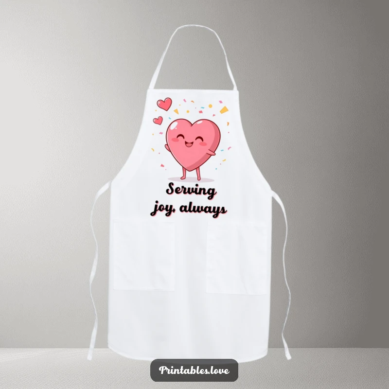 Funny apron with a smiling, plump heart character enthusiastically throwing confetti into the air, ideal for festive cooking.