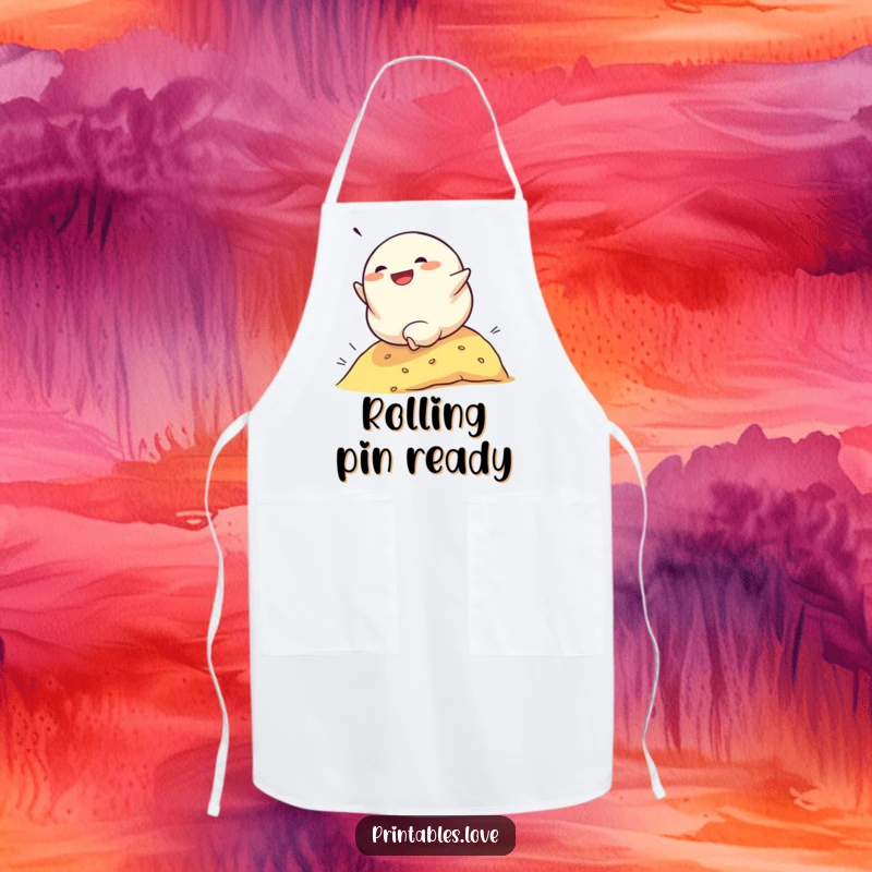 Funny apron with a determined dumpling character rolling down a hill with glee, perfect for the culinary enthusiast who enjoys humor.