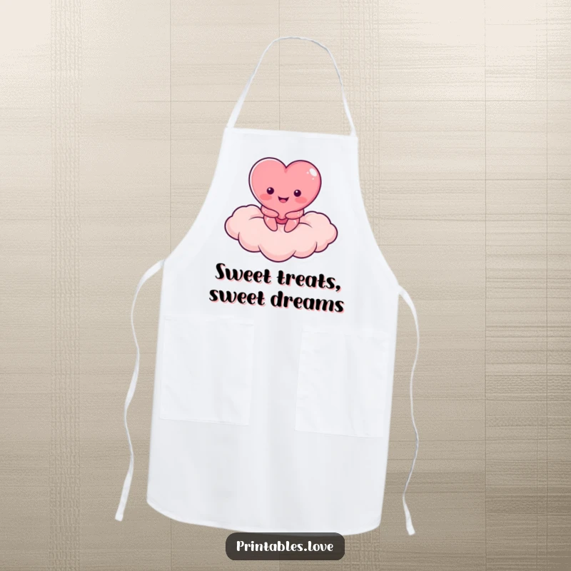 Funny apron depicting a smiling heart character on a heart-shaped cloud, perfect for kitchen fun.