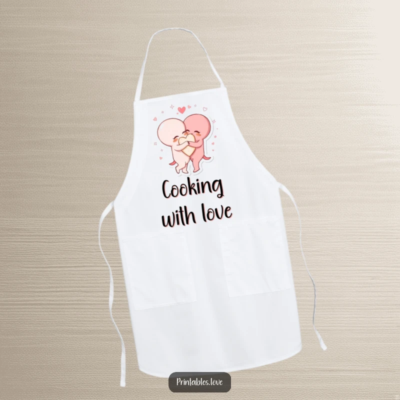 Funny apron featuring two heart characters in a tight embrace, surrounded by sparkling, swirling lines, perfect for a loving chef.