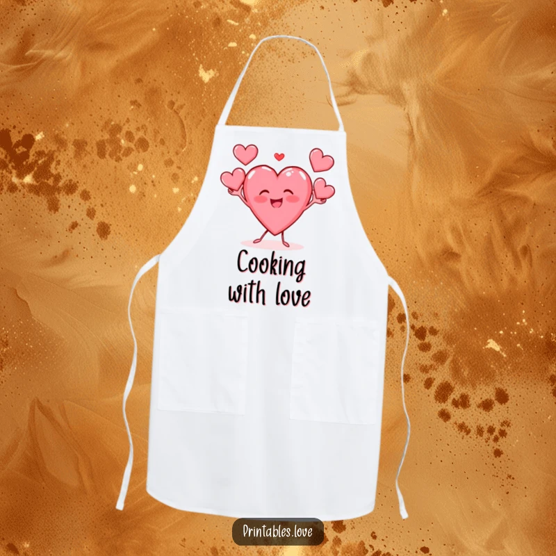 Funny apron depicting a gleeful heart character juggling hearts, ideal for kitchen fun and protection.