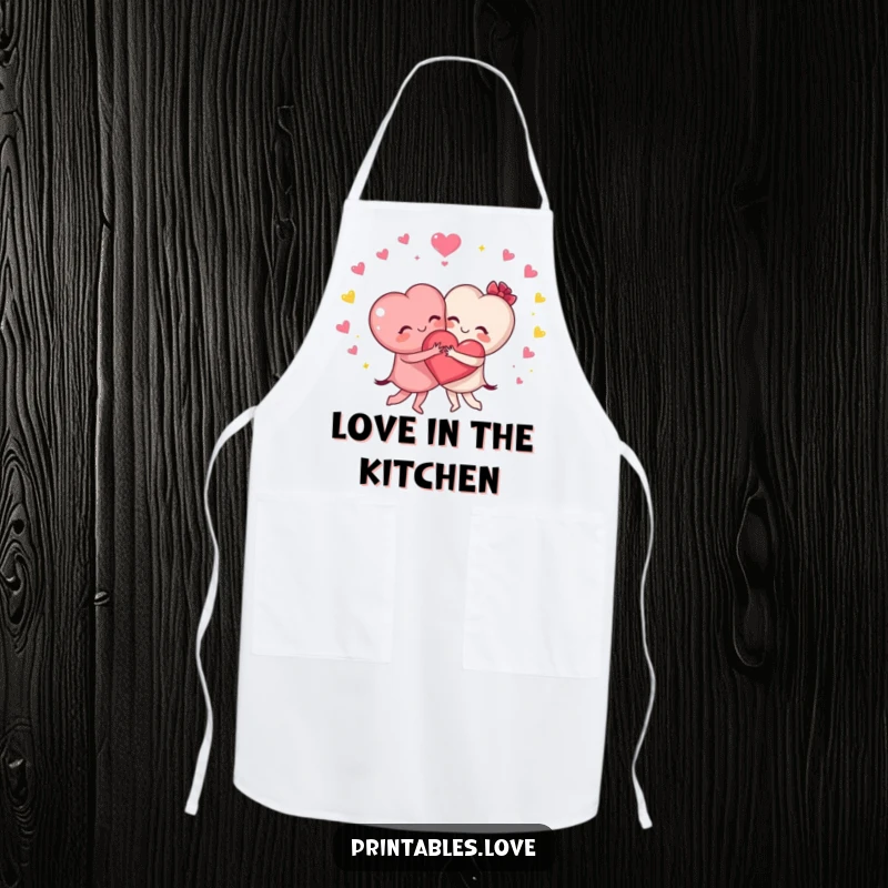 Funny apron featuring two heart characters in a joyful hug with sparkles, designed for cooks who spread love and cheer.