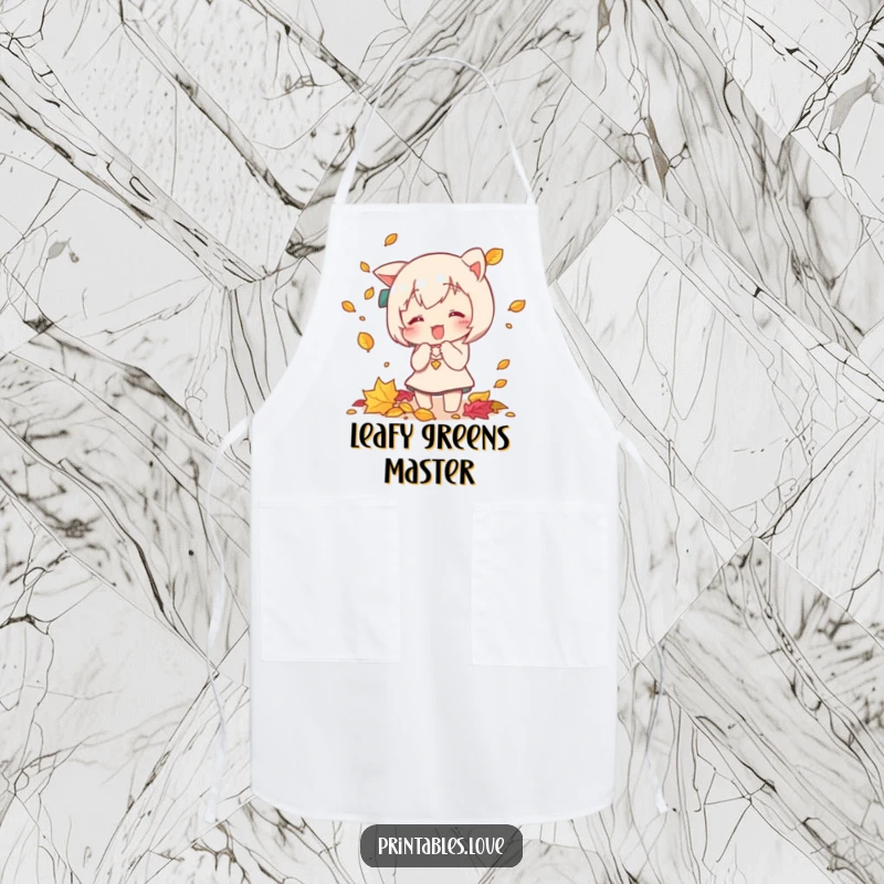 Funny Kawaii apron featuring a cute character playfully trying to catch falling autumn leaves, ideal for kitchen use and humor.