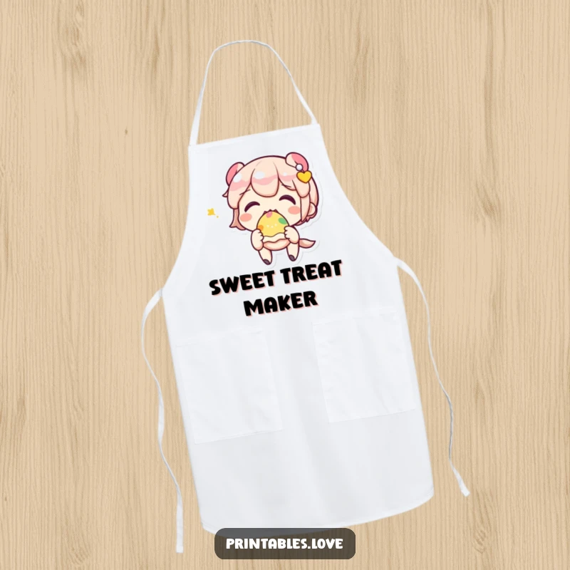 Funny kitchen apron with a happy Kawaii character excitedly eating a colorful sweet treat.