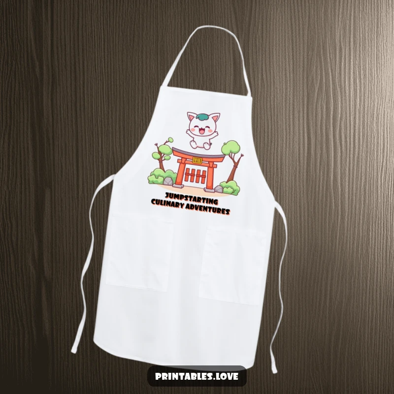 Funny Kawaii apron featuring a cute character leaping over a torii gate, perfect for those with a zest for life.