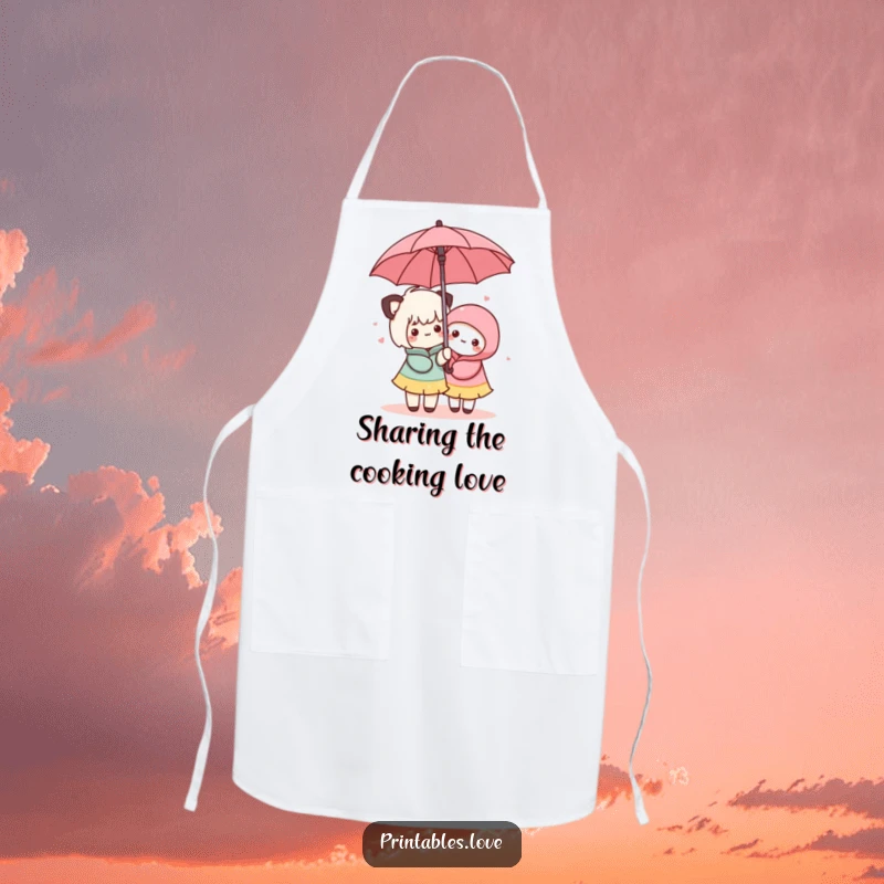Funny Kawaii Umbrella Apron: A charming apron featuring two cute characters sharing an umbrella, perfect for cooking buddies.