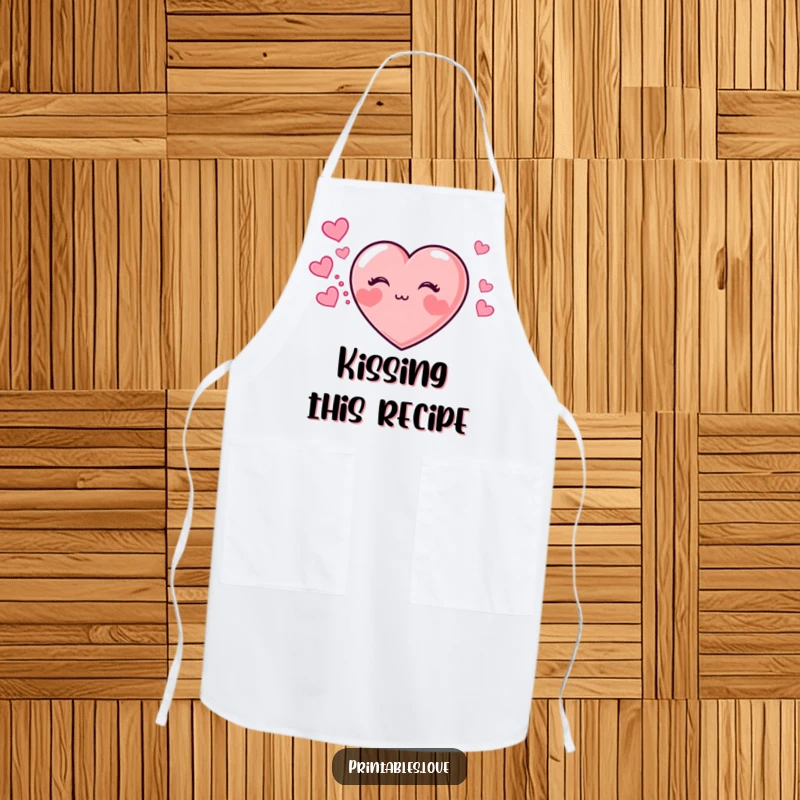 Funny apron with a heart character featuring chubby cheeks, blowing a kiss and leaving a trail of hearts, for the kitchen.
