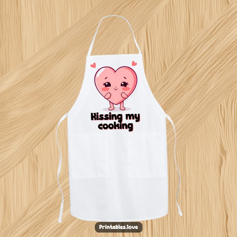 Funny heart character chef apron, wearing a playful kiss with puffed cheeks, designed for joyful cooking and kitchen fun.