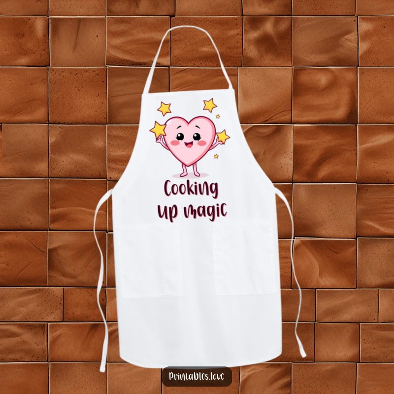 Funny apron with a heart character smirking while juggling three shiny, sparkling stars, perfect for the kitchen.