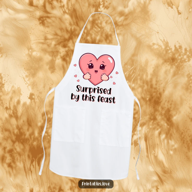 Funny apron with a heart character holding smaller hearts in its hands, with a very surprised and wide-eyed expression.