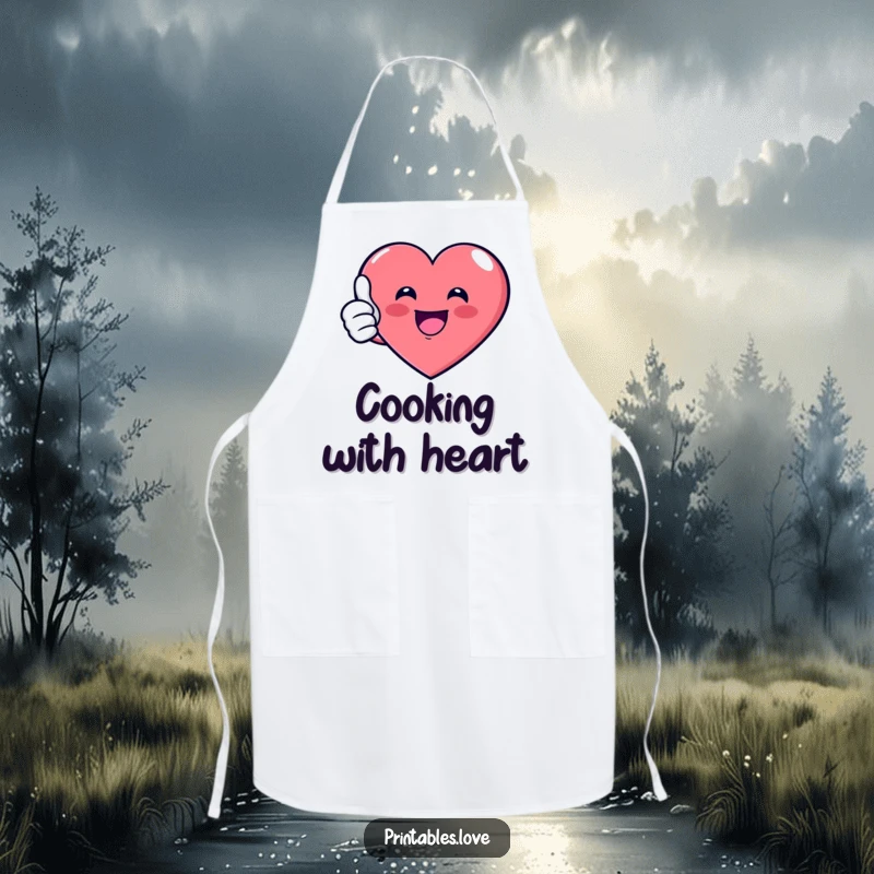 Funny Apron with a smiling heart giving a confident thumbs up, perfect for adding humor to kitchen activities and as a unique gift.