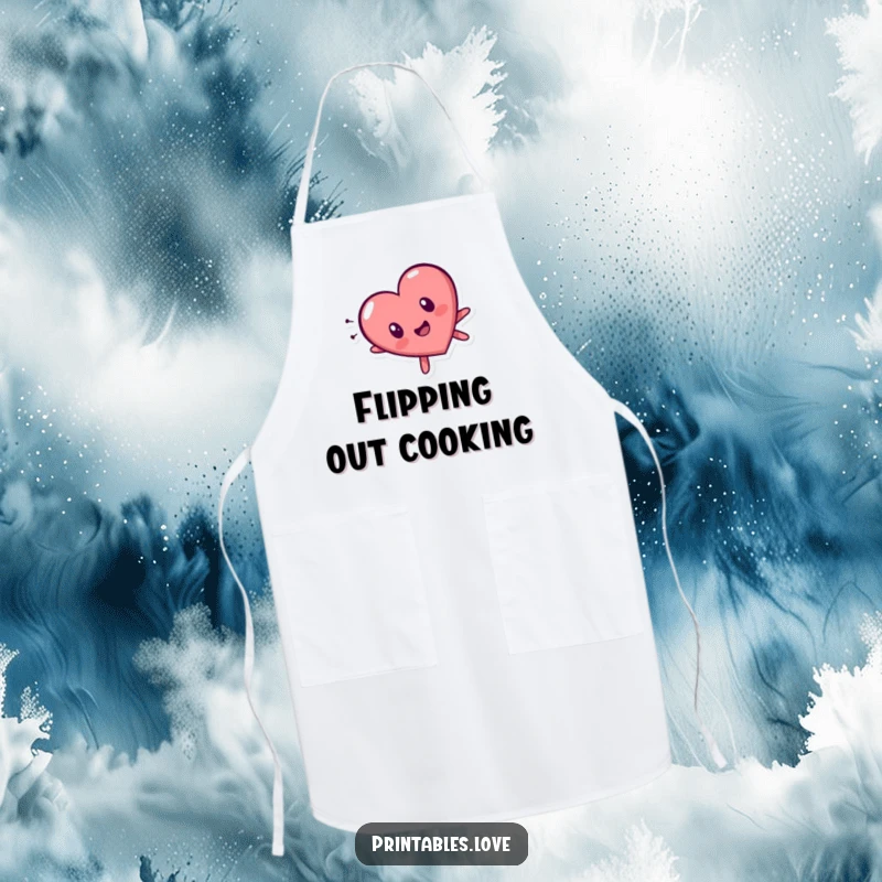 Funny tumbling heart character chef apron, showing a surprised expression while falling, designed for chefs who enjoy humor.