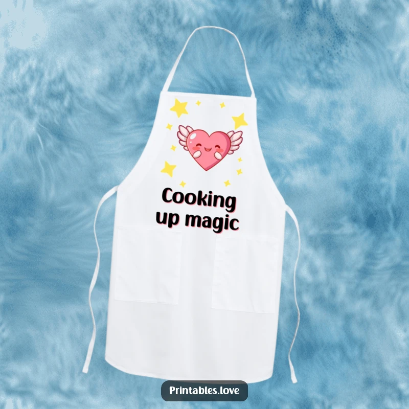 Funny apron featuring a heart character with wings, joyfully flying through a starry sky, bringing whimsy to the kitchen.