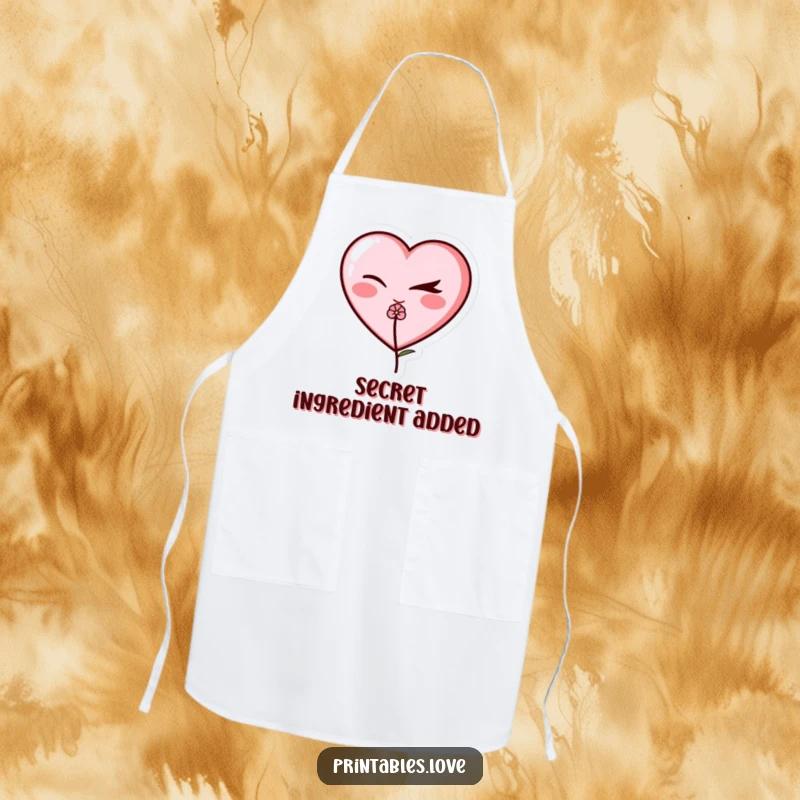 Funny winking heart apron, a playful heart character giving a sly wink and holding a small, charming flower.