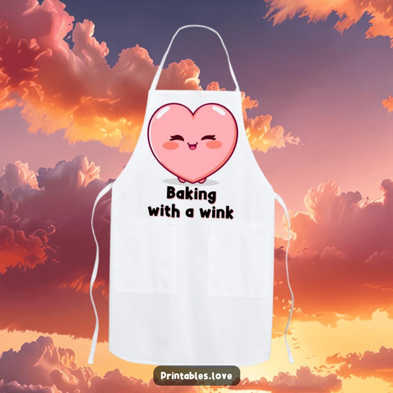 Funny Apron showing a plump heart character winking playfully with a rosy blush, ready to add charm to any culinary task.