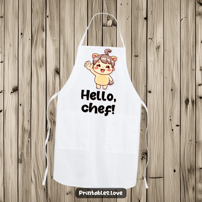 Funny Kawaii Apron with a cute character doing a big, enthusiastic hello wave, adding joy to cooking.