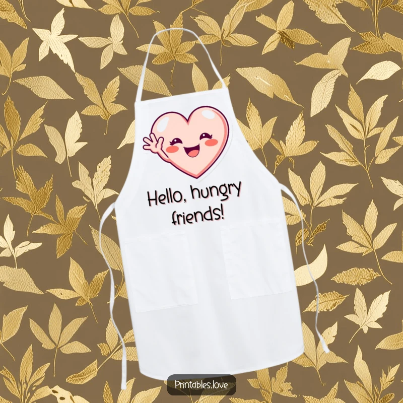 Funny apron with a heart showing an excited grin and waving hello, perfect for kitchen greetings and humor, a gift.