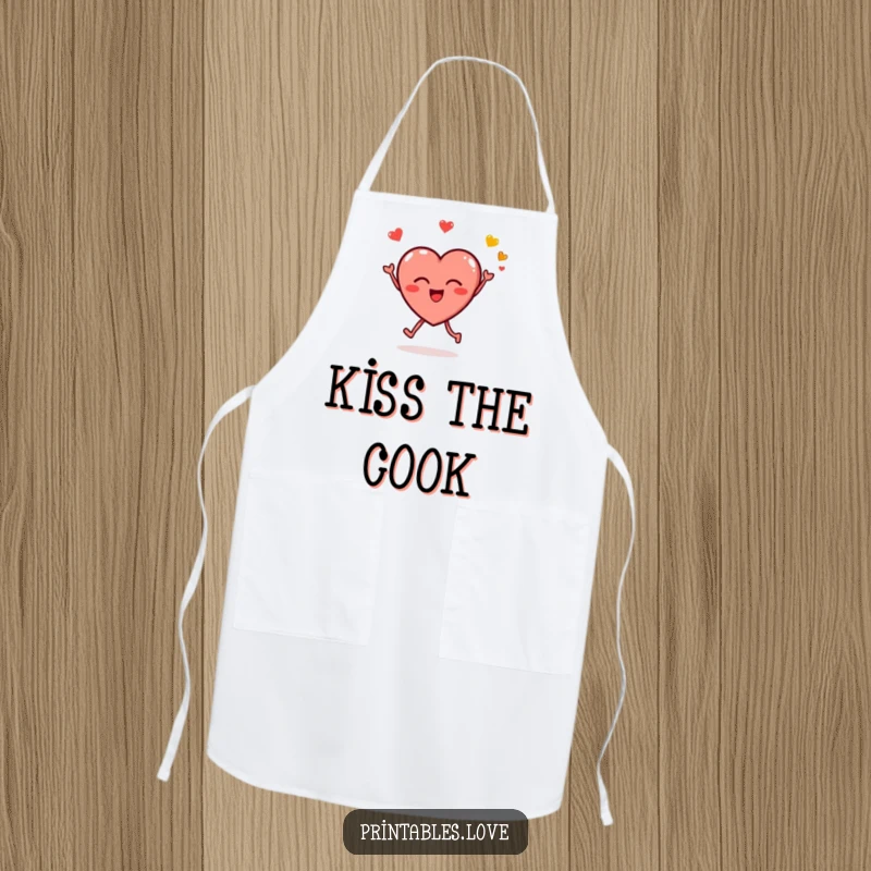 Funny apron with a small, round heart character joyfully leaping and blowing kissy emojis, designed for cooks who love to show affection.
