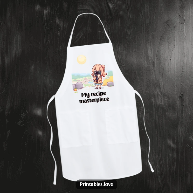Funny Kawaii Camera Apron: A charming apron with a cute character posing with a camera in a scenic landscape.