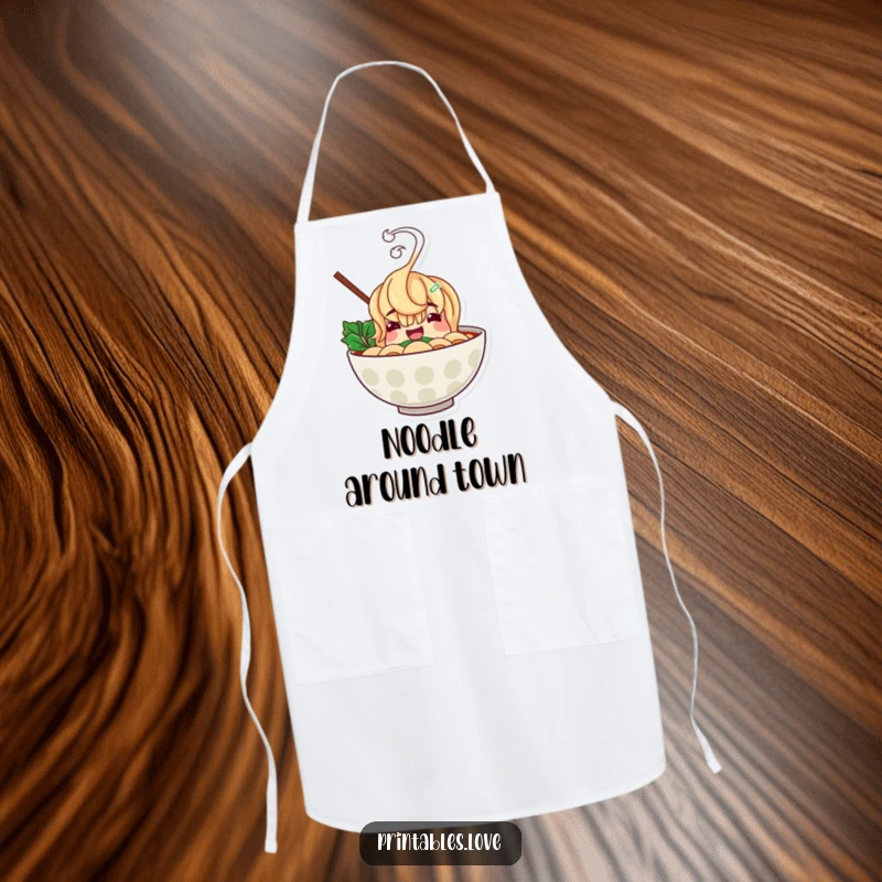 Funny ramen bowl apron featuring a cheerful character with hilariously rising steam, adding humor and a playful spirit to cooking.