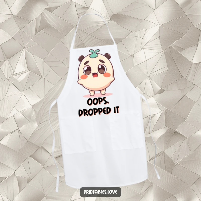 Funny surprised dango character, wide eyed and wobbly, illustrated on a functional and humorous kitchen apron.