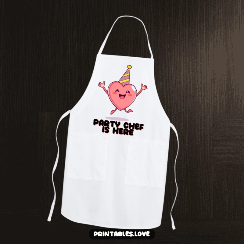 Funny Party Heart Apron wearing a party hat, enthusiastically jumping, ready for festive cooking with a joyous spirit.