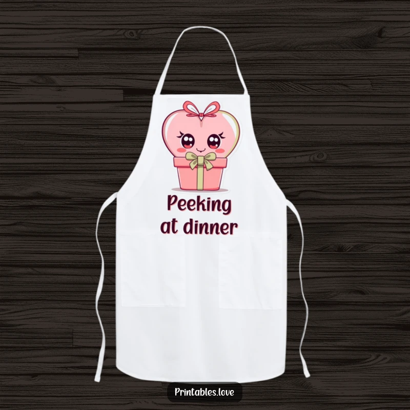Funny apron showcasing a heart with large, curious eyes peeking over the edge of a gift box, ready to cook.