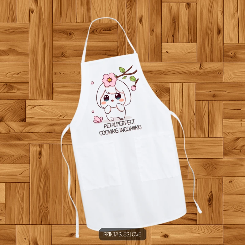 Funny Kawaii apron featuring a cute character surprised by a falling cherry blossom petal, perfect for garden parties.