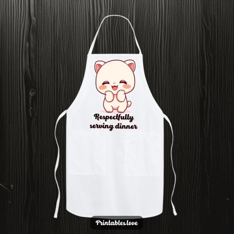 Funny Kawaii apron featuring a cute character bowing with a big smile, perfect for hosts who appreciate politeness.