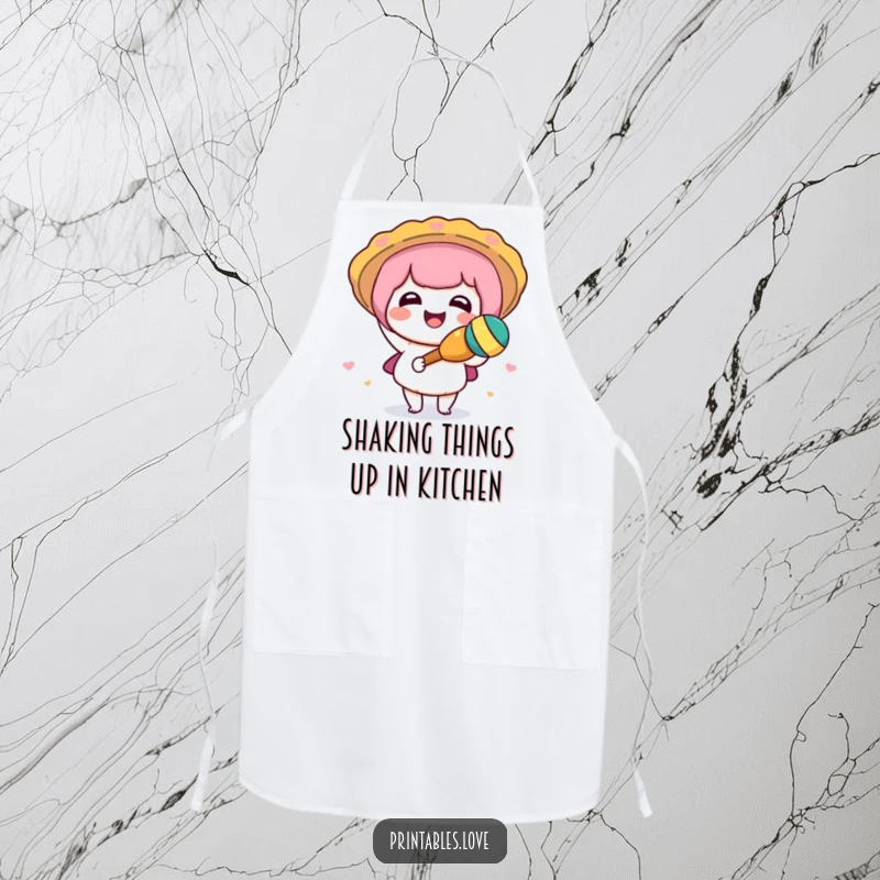 Funny Kawaii apron with a cute character joyfully shaking a maraca, perfect for adding fun to any kitchen.