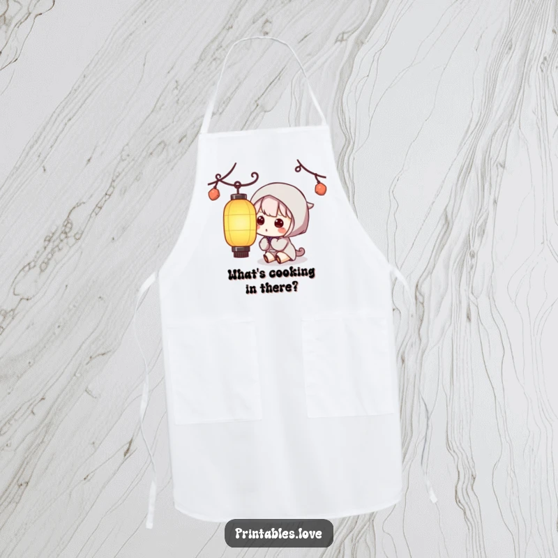 Funny Kawaii Lantern Apron: A charming apron featuring a cute character curiously looking at a delicately lit paper lantern.