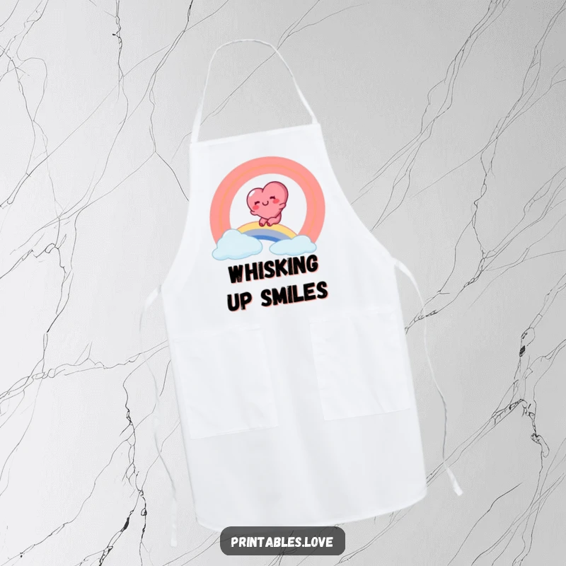 Funny apron featuring a rosy-cheeked heart character gleefully sliding down a bright rainbow, ideal for cooking.