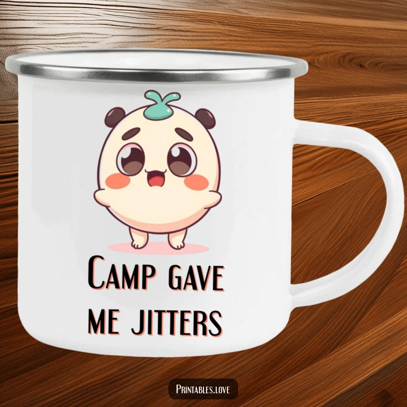 Funny surprised dango character, looking surprised and wobbly, on a durable camping mug for adventures.