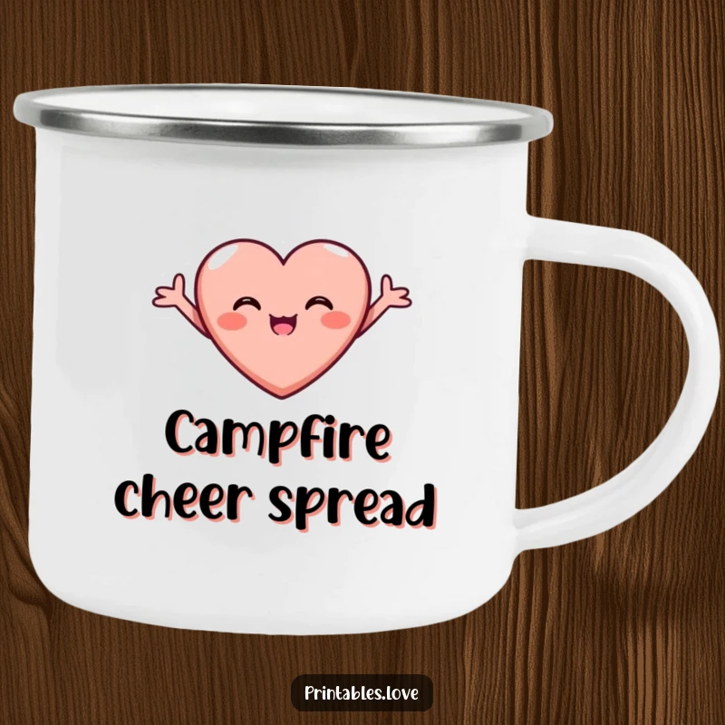 Funny Joyful Heart Camping Mug with arms outstretched, beaming with pure joy, ready for campfire stories and shared happiness.
