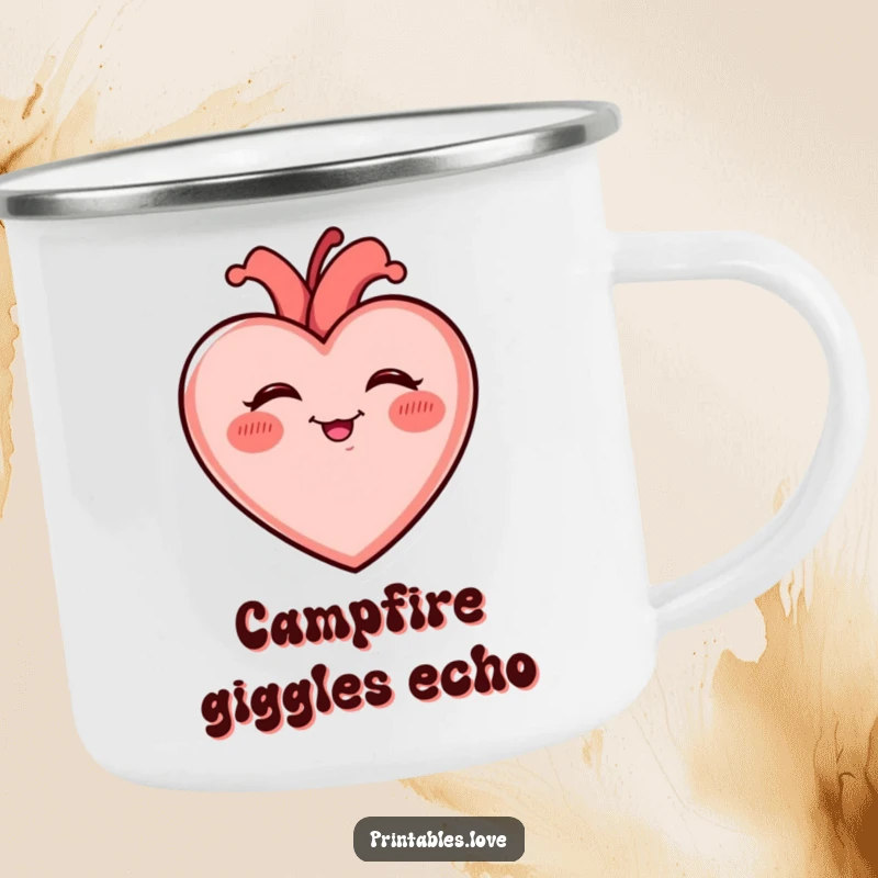 Funny Giggling Heart Camping Mug with rosy cheeks, giggling uncontrollably, ready for campfire stories and shared laughter.