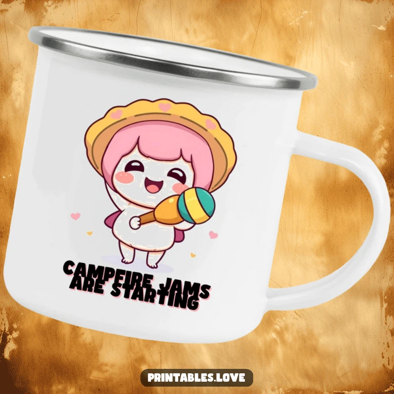 Funny Kawaii camping mug featuring a character joyfully shaking a maraca, perfect for outdoor celebrations and fun.