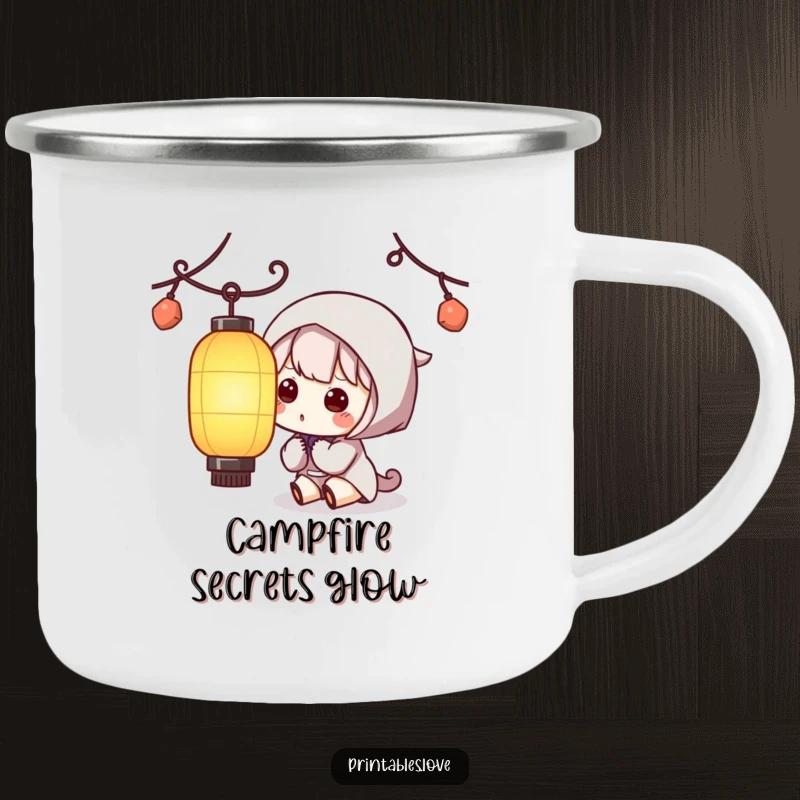 Funny Kawaii Lantern Camping Mug: A durable mug for the outdoors, featuring a cute character curiously observing a paper lantern.