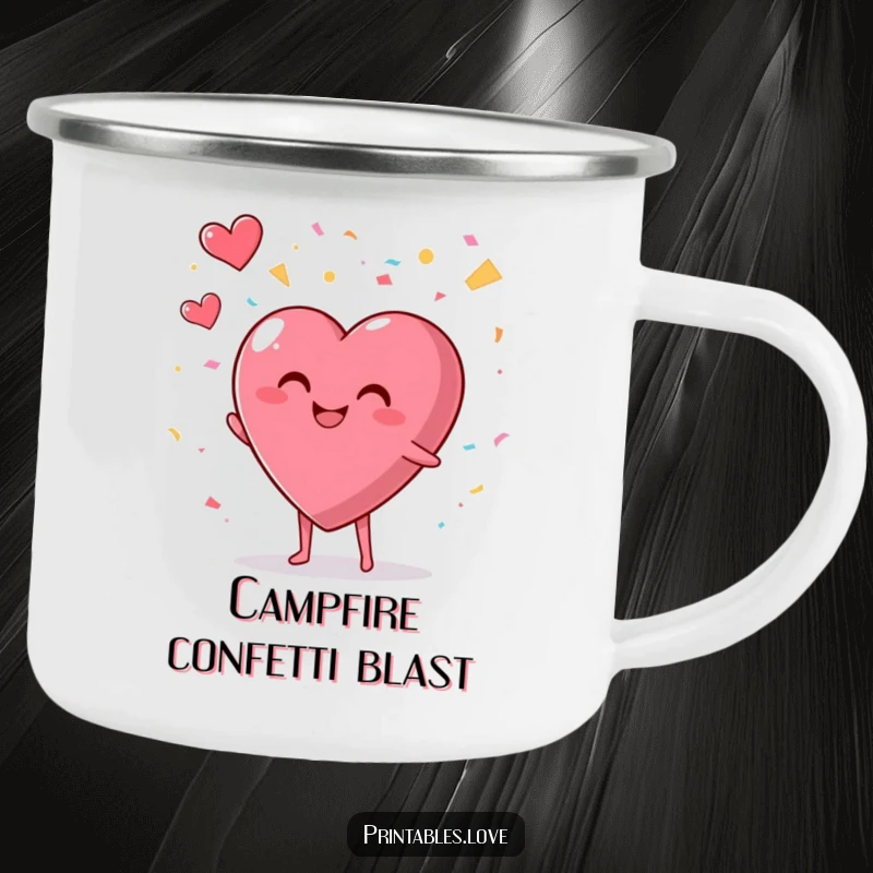 Funny camping mug with a smiling, plump heart character enthusiastically throwing confetti into the air, great for outdoor fun.