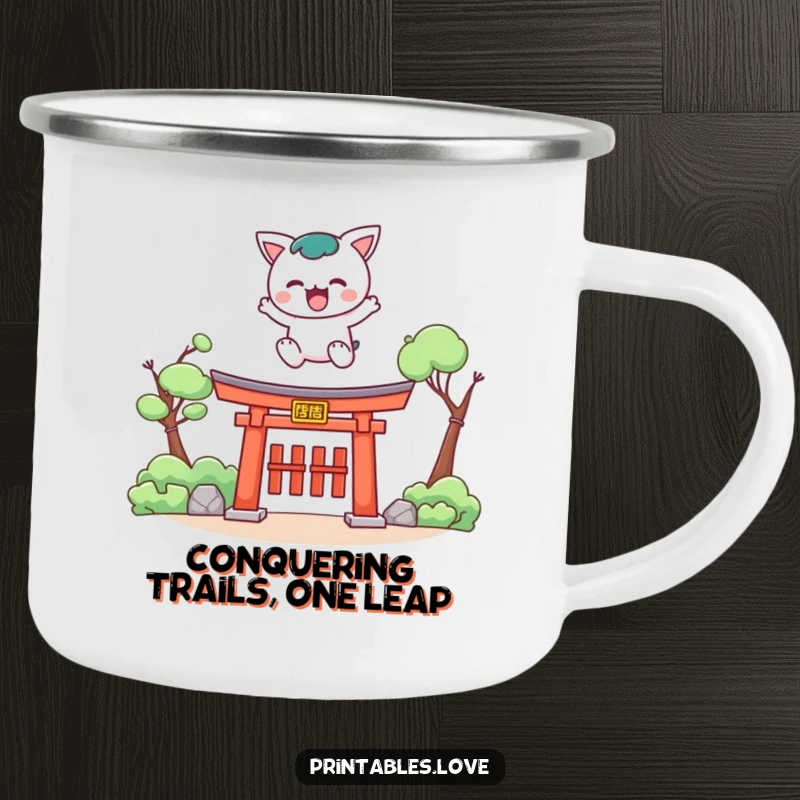 Funny Kawaii camping mug showing a character leaping over a torii gate, perfect for active campers.
