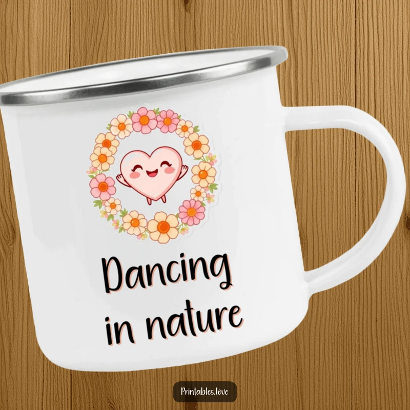 Funny camping mug showing a happy heart with a beaming smile, dancing amidst a ring of flowers on the go.