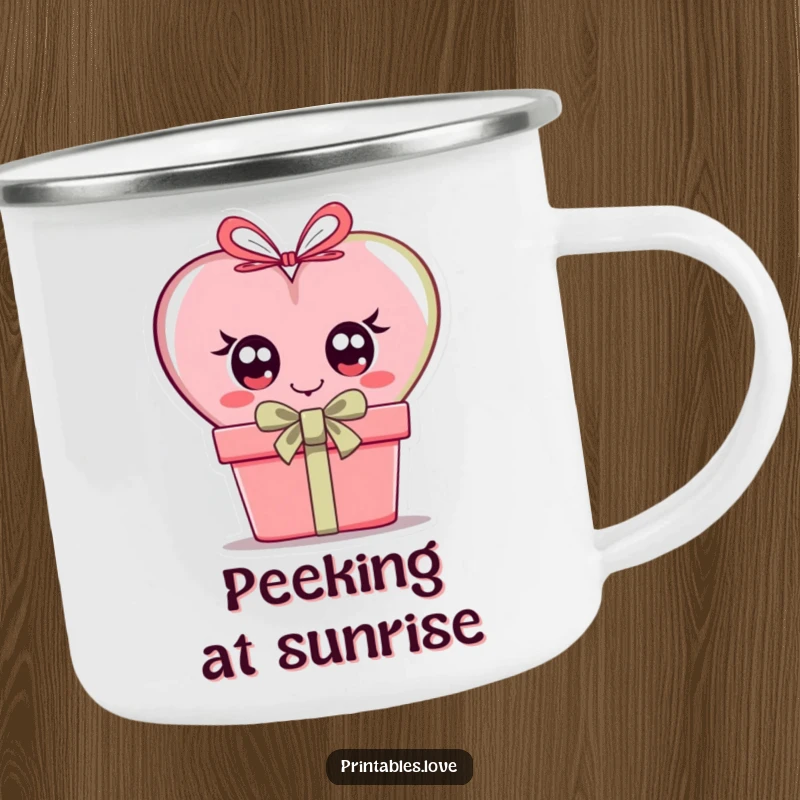 Funny camping mug featuring a heart with wide, curious eyes peeking from behind a gift box, ready for the trail.