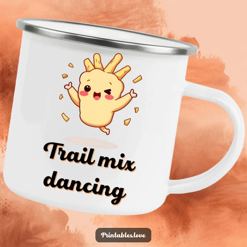 Funny dancing tempura character, crispy bits flailing, on a durable camping mug for enjoying nature.